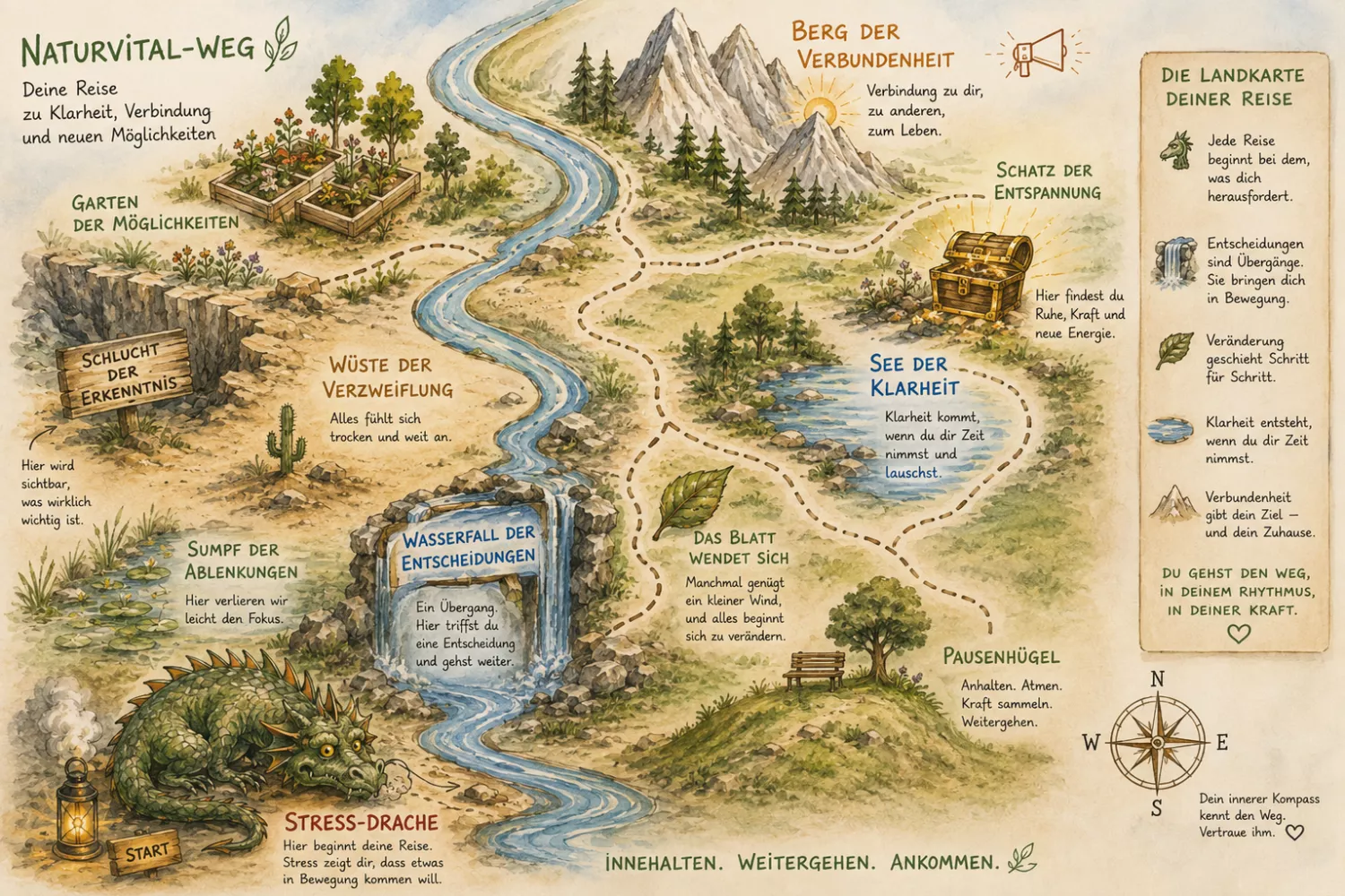 Handgezeichnete allegorische Landkarte des NaturVital Weges. Die symbolischen Orte veranschaulichen, wie Menschen ihren eigenen Weg durch Übergänge und Veränderungen finden können.