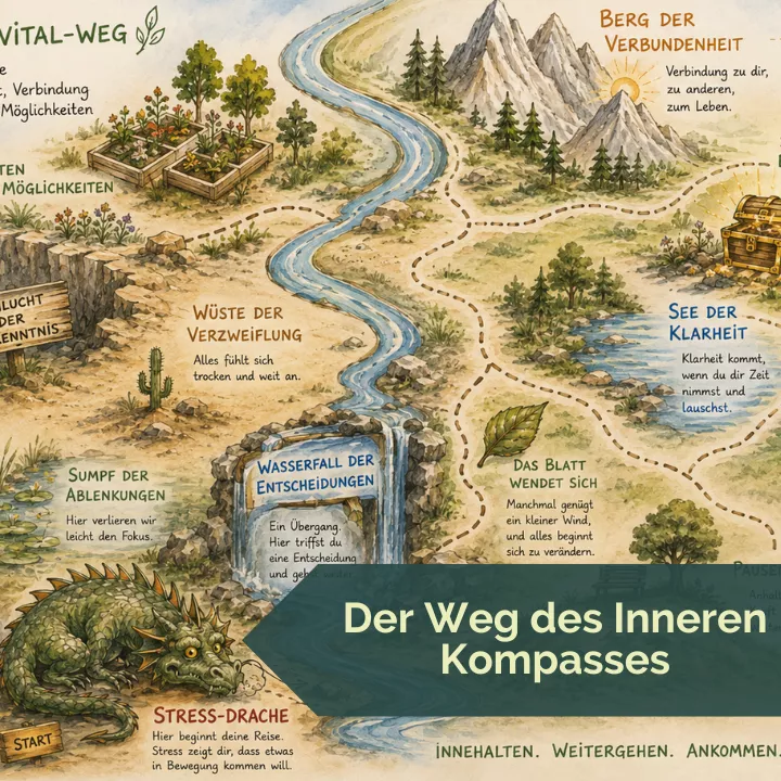 Illustration einer allegorischen Landkarte mit symbolischen Stationen wie Stress-Drache, See der Klarheit und Berg der Verbundenheit als Orientierung in persönlichen Übergängen.